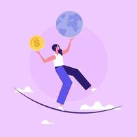 Woman with money and planet earth on rope, balancing money and nature, eco environmental balance concept vector