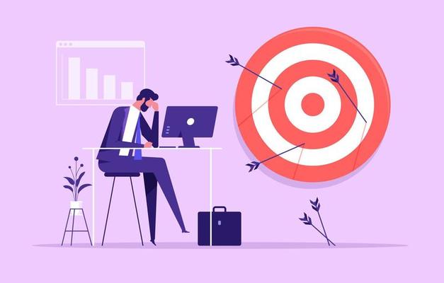 Failure missed all business target, loser mistake or error, incompetence, despair or disappointment from losing opportunity concept, frustrated businessman disappoint on his off target arrows