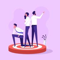 People standing on target. Concept of focus group members, market research participants, public survey for marketing strategy, views or opinions of customers. Flat vector illustration