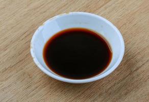 Soy sauce in a bowl on wooden background photo