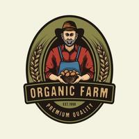 Vintage Old Farmer with organic egg basket in hands badge design vector
