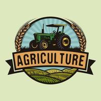 Vintage Farming Tractor in rolling green hills badge design vector