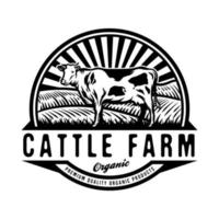 Cattle in green field livestock farming badge design vector