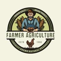 Vintage Old Farmer with organic egg basket in hands and corns badge design