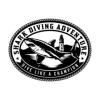 Shark and light house diving adventure retro beach badge vector