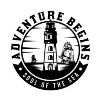 Lighthouse and old ship sea adventure retro badge design vector