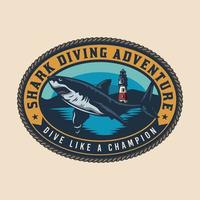 Shark and light house diving adventure retro beach badge vector