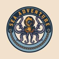Octopus in diving helmet sea adventure badge