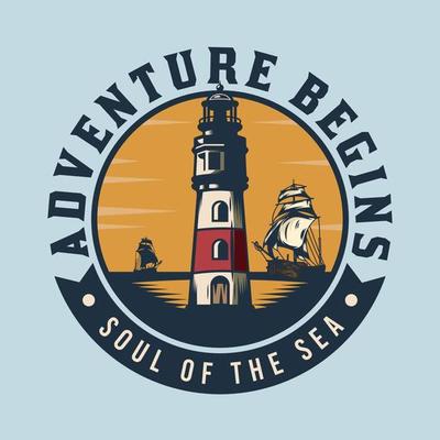 Lighthouse and old ship sea adventure retro badge design