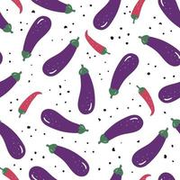 Vegetable seamless pattern with hand drawn eggplants and chile peppers on white background. Cute print for fabric, kitchen textile. vector