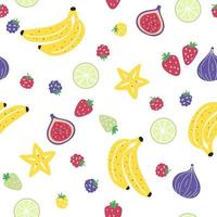 patrón impecable con diferentes frutas como plátano, higo, carambola, lima y bayas. diseño de verano para telas, textiles para el hogar, telas para niños, papel para envolver vector