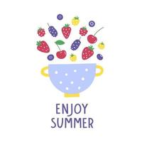 Bright summer lettering with berries in a colander. Enjoy summer hand-lettering phrase. Illustration for t-shirt, card, poster, kitchen textile vector