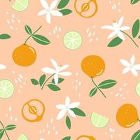 patrón sin costuras de cítricos. mandarina, rodajas de lima y flores sobre fondo naranja pastel. diseño para telas, textiles para el hogar, papel para envolver vector