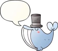 cartoon whale and top hat and speech bubble in smooth gradient style vector