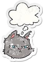 cartoon tough cat face and thought bubble as a distressed worn sticker vector