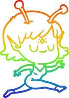 rainbow gradient line drawing cartoon alien girl jumping vector