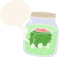 cartoon spooky brain floating in jar and speech bubble in retro style vector