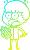 cold gradient line drawing cartoon shocked man with clipboard and pen vector