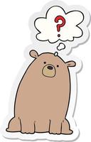 cartoon curious bear and thought bubble as a printed sticker vector