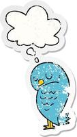 cartoon bird and thought bubble as a distressed worn sticker vector