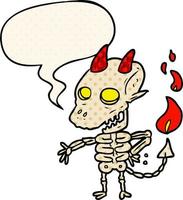 demonio esqueleto espeluznante de dibujos animados y burbuja de habla al estilo de un libro de historietas vector