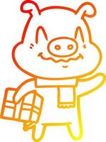 warm gradient line drawing nervous cartoon pig with present vector