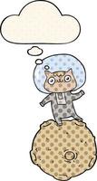 lindo gato astronauta de dibujos animados y burbuja de pensamiento al estilo de un libro de historietas vector