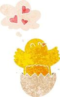 cute hatching chick cartoon and thought bubble in retro textured style vector