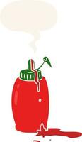 botella de ketchup de dibujos animados y burbuja de habla en estilo retro vector