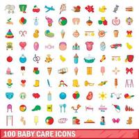100 baby care icons set, cartoon style