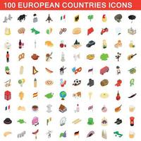 100 European countries icons set, isometric style vector