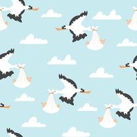 Stork carrying a baby in a bag seamless pattern. Can be used for paper, cover, fabric, interior decor and other users. Vector flat cartoon texture.