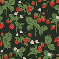 Wild strawberries bush vector seamless pattern. Summer forest berry hand drawn texture for wallpapers, textile, wrapping paper, fabric, packaging, greeting cards. Cute fruit flat cartoon background.