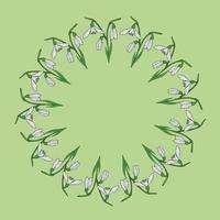 Round frame with vertical lovely snowdrops on light green background. Isolated vector flowers pattern for your design.
