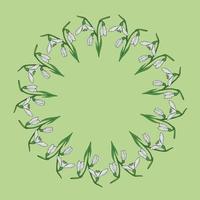 Round frame with vertical lovely snowdrops on light green background. Isolated vector flowers pattern for your design.