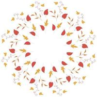 Round frame with vertical red, orange, yellow leaves and decorative elements leaves on white background. Isolated wreath for your design. vector