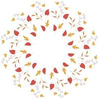 Round frame with vertical red, orange, yellow leaves and decorative elements leaves on white background. Isolated wreath for your design. vector