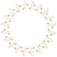 Round frame with vertical red decorative elements and little yellow leaves on white background. Isolated wreath for your design. vector