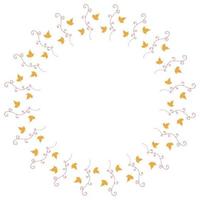 Round frame with vertical red decorative elements and little yellow leaves on white background. Isolated wreath for your design. vector