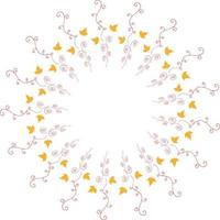 Round frame with vertical yellow leaves and red decorative elements on white background. Isolated wreath for your design. vector