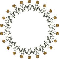 Round frame with vertical orange flowers and green branches. Isolated frame on white background. vector