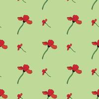 Seamless background with red poppy. Endless pattern with flowers on light green  background. Vector image.