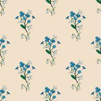 Seamless background with snowdrops and flowers forget-me-not on beige background. Endless pattern for your design. vector