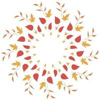 Round frame with vertical orange branches, yellow and red leaves on white background. Isolated wreath for your design. vector