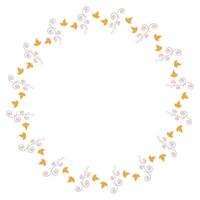 Round frame with vertical little yellow leaves and decorative elements on white background. Isolated wreath for your design. vector