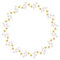 Round frame with vertical little yellow leaves and decorative elements on white background. Isolated wreath for your design. vector