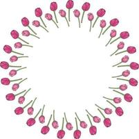 Round frame with vertical bright pink tulips on white background. Isolated frame of flowers for your design. vector