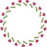 Round frame with vertical blooming pink tulips on white background. Isolated frame of flowers for your design. vector
