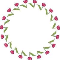 Round frame with vertical blooming pink tulips on white background. Isolated frame of flowers for your design. vector