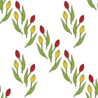 Seamless background of drawing red and yellow tulips. Endless pattern with flowers for your design. vector